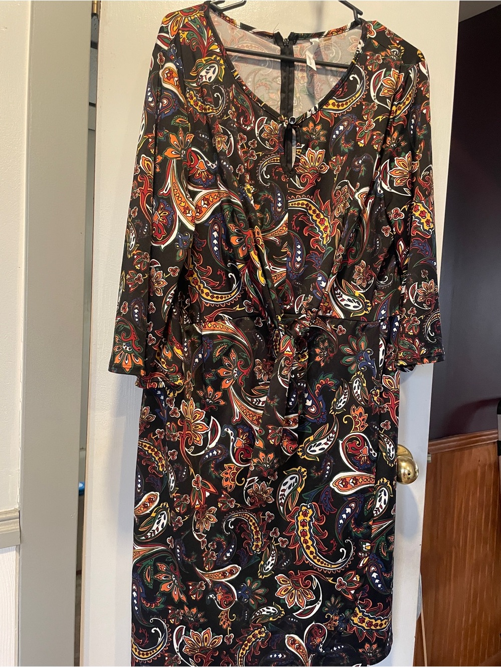 NY Collection Black Paisley Tie-Waist Long Sleeve Dress wide sleeves size XL